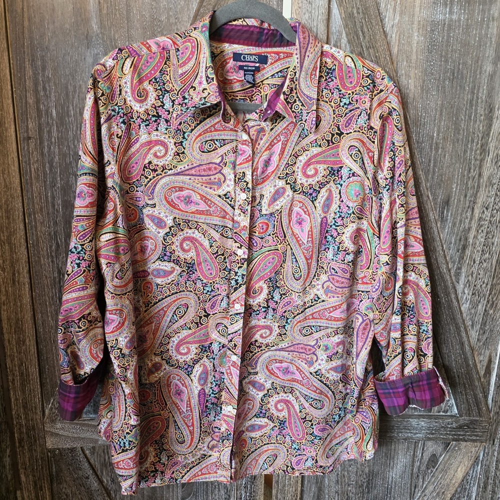 Chaps Shirt Women's Size 2X Multicolor Paisley Button Up Plaid Trim Long Sleeve